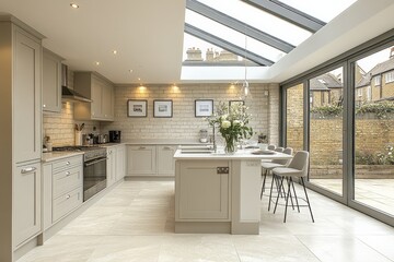 Poster - Modern kitchen with skylight and elegant decor in a contemporary home setting