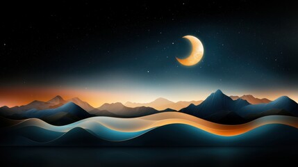 Wall Mural - Captivating minimalist landscape featuring majestic mountain silhouettes against a vibrant sky filled with a crescent moon and twinkling stars