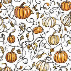 a hand-drawn pumpkin patch pattern with swirling vines and detailed harvest elements