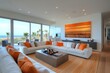 © ChaoticMind - Modern living room with ocean view featuring neutral tones and vibrant orange accents in a bright, airy setting