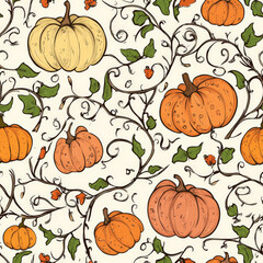 a hand-drawn pumpkin patch pattern with swirling vines and detailed harvest elements