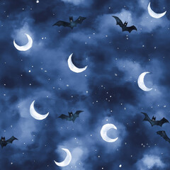 Wall Mural - A watercolor night sky pattern with deep blue hues, glowing moons, and fluttering bats