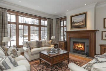 Poster - Cozy living room with elegant furnishings and a warm fireplace during winter