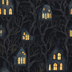 A mysterious haunted house pattern with eerie glowing windows and twisted trees