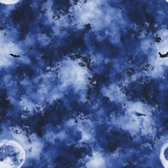 Wall Mural - A full moon and bat pattern with deep navy hues and softly lit fog