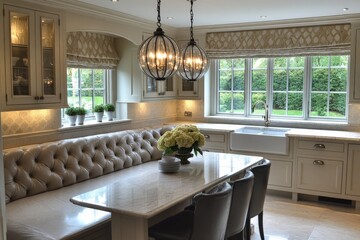Poster - Elegant kitchen with plush seating and large windows showcasing a lush garden view