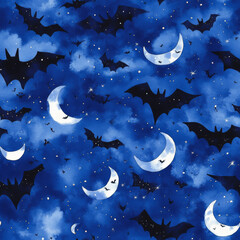 Wall Mural - A watercolor night sky pattern with deep blue hues, glowing moons, and fluttering bats