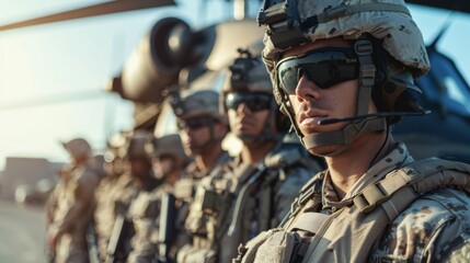 Poster - Soldiers in tactical uniforms stand in a straight line with serious expressions as helicopters hover nearby, creating a backdrop during the sunset hours, showcasing military preparedness.