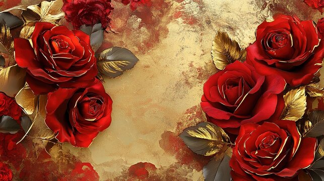 A luxurious Valentine greeting card with gold foil detailing and red roses.