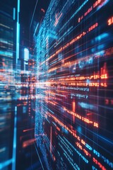 Poster - Abstract representation of digital data flow in a futuristic cityscape, showcasing vibrant lights and technology in motion