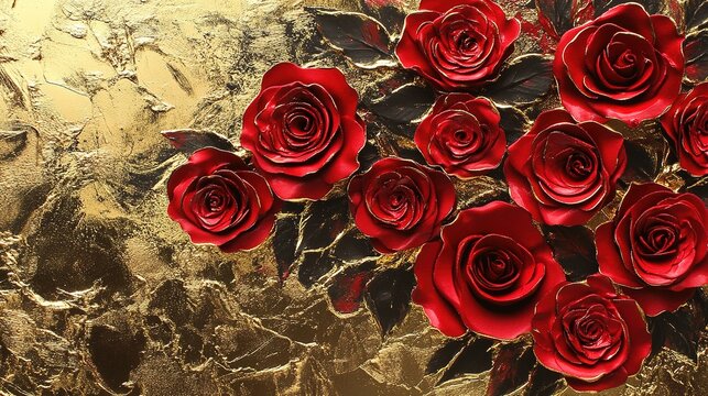 A luxurious Valentine greeting card with gold foil detailing and red roses.
