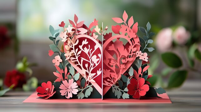 A pop-up Valentine greeting card with 3D heart and floral elements.