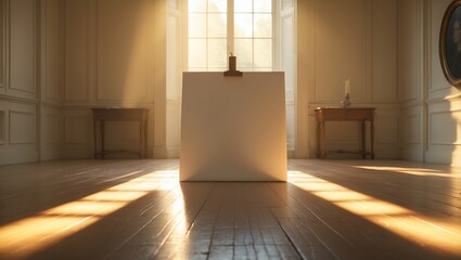 Poster - soft sunlight illuminates a blank canvas in an elegant room with subtle shadows and warm tones at go