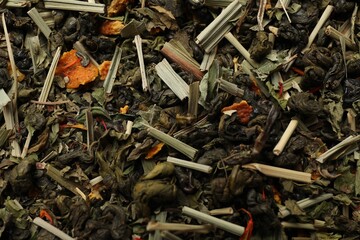 Wall Mural - Pile of dry tea leaves as background, closeup