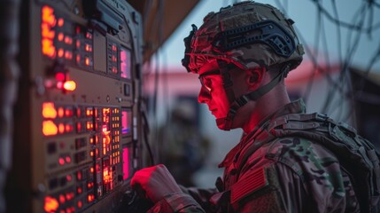 Leinwandbilder - A soldier in tactical gear works diligently on a communication device as twilight descends, surrounded by military personnel engaged in various tasks.
