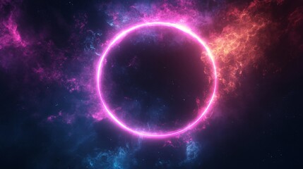 Wall Mural - a luminous neon circle glows amidst a colorful nebula