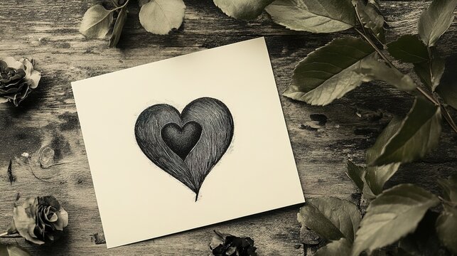 A romantic black-and-white Valentine greeting card with a vintage aesthetic.