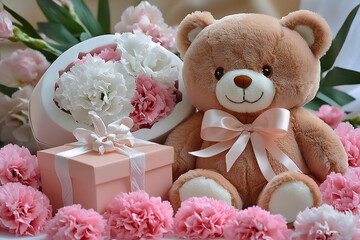 Sticker -  bear plush with flower gift box and carnations