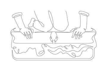 Poster - continuous one line drawing packing luggage. hands and feet close the suitcase.packing for vacation.