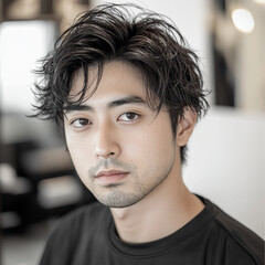 Wall Mural - Photo taken at a salon, Japanese male, 35 years old, short hair, black hair, casual style, double eyelids, slim cut model, round face, straight hair