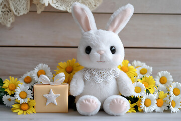 Poster -  bunny plush with star gift box and daisies