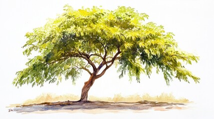 Watercolor painting of a solitary acacia tree, savanna background, nature illustration