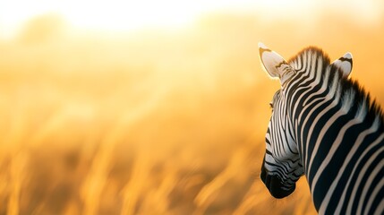 Poster - Back view of a zebra looking at a golden sunset in the african savanna, creating a beautiful and evocative scene of wildlife in its natural habitat