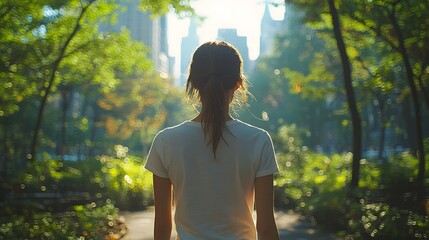 Woman in white t-shirt stands quietly in a vibrant urban park surrounded by greenery. Generative AI.