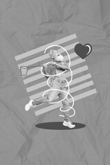 Leinwandbilder - Vertical collage picture of excited grandfather black white colors hold butterfly net catch heart isolated on drawing background