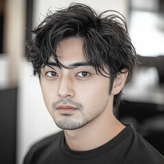 Wall Mural - Photo taken at a salon, Japanese male, 35 years old, short hair, black hair, casual style, double eyelids, slim cut model, round face, straight hair