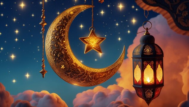 Ramadan night sky, glowing golden crescent moon and stars, ornate hanging lantern with candle decoration