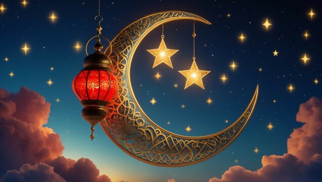 Ramadan night sky, glowing golden crescent moon and stars, ornate hanging lantern with candle decoration