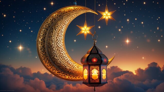 Ramadan night sky, glowing golden crescent moon and stars, ornate hanging lantern with candle decoration