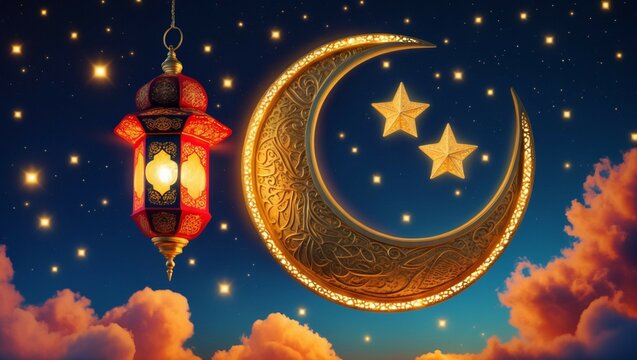 Ramadan night sky, glowing golden crescent moon and stars, ornate hanging lantern with candle decoration