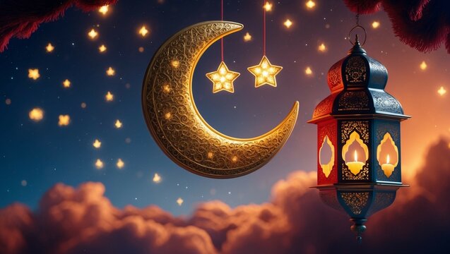 Ramadan night sky, glowing golden crescent moon and stars, ornate hanging lantern with candle decoration