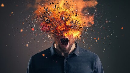 Poster - Office worker experiencing burnout syndrome with exploding head from information overload screaming with flames and debris over dark background