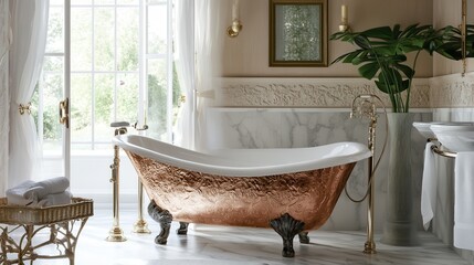 Wall Mural - Elegant vintage copper bathtub in a luxurious bathroom flooded with natural light. Generative AI