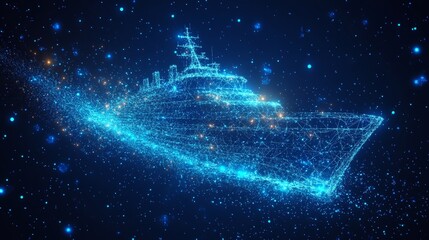 Poster - blue technology background, digital boat, abstract watercraft, lines, connected dots, triangles