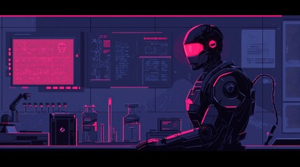 Poster - Futuristic Robot in High-Tech Laboratory with Neon Accents