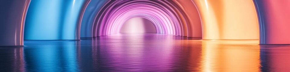 Wall Mural - Abstract Glowing Tunnel, Vibrant Spectrum of Light, Reflected on the Floor, Modern Digital Artwork