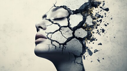 Aufkleber - Surreal image of a woman with closed eyes, her face cracking and exploding, representing stress, burnout, migraine, and mental health issues
