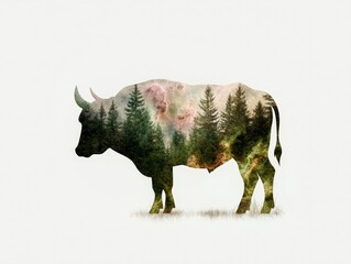 Poster - Silhouette of Cow with Abstract Forest Landscape and Stars, Nature Conceptual Art and Wildlife Imagery