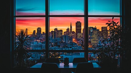 Poster - Sunset cityscape viewed from modern apartment