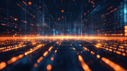 Poster - Abstract digital landscape with glowing lines and particles, depicting a futuristic data flow in a virtual environment