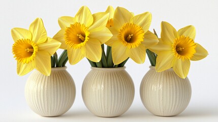 Poster - Three daffodils in vases, spring bouquet, white background, greeting card