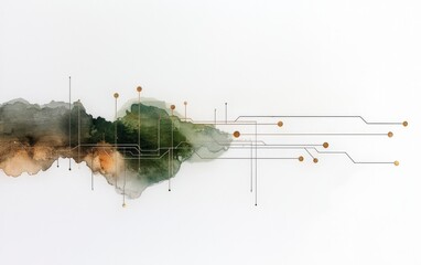 Poster - Abstract watercolor artwork with organic shapes and digital lines representing technology and nature interaction