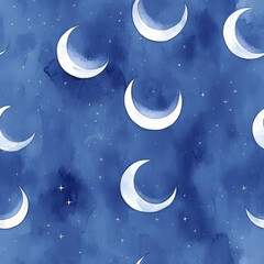 Wall Mural - A dreamy moon phase pattern, where crescent and full circles represent different lunar cycles in a soft watercolor night sky theme