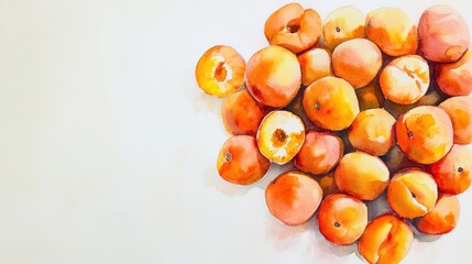 Wall Mural - Watercolor painting of apricots, closeup view, white background, food blog use