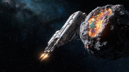 Wall Mural - space exploration. a futuristic spacecraft approaches a brightly colored asteroid in the depths of s