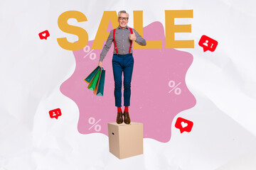 Composite art 3d creative image collage of happy old man show thumb up gesture stand box hold packages consumerism sale concept